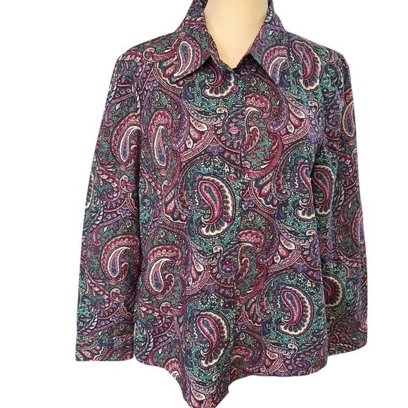 Vintage Appleseed’s Women's Paisley Button-Up Shirt Size 8P Purple Teal Retro - Picture 2 of 15